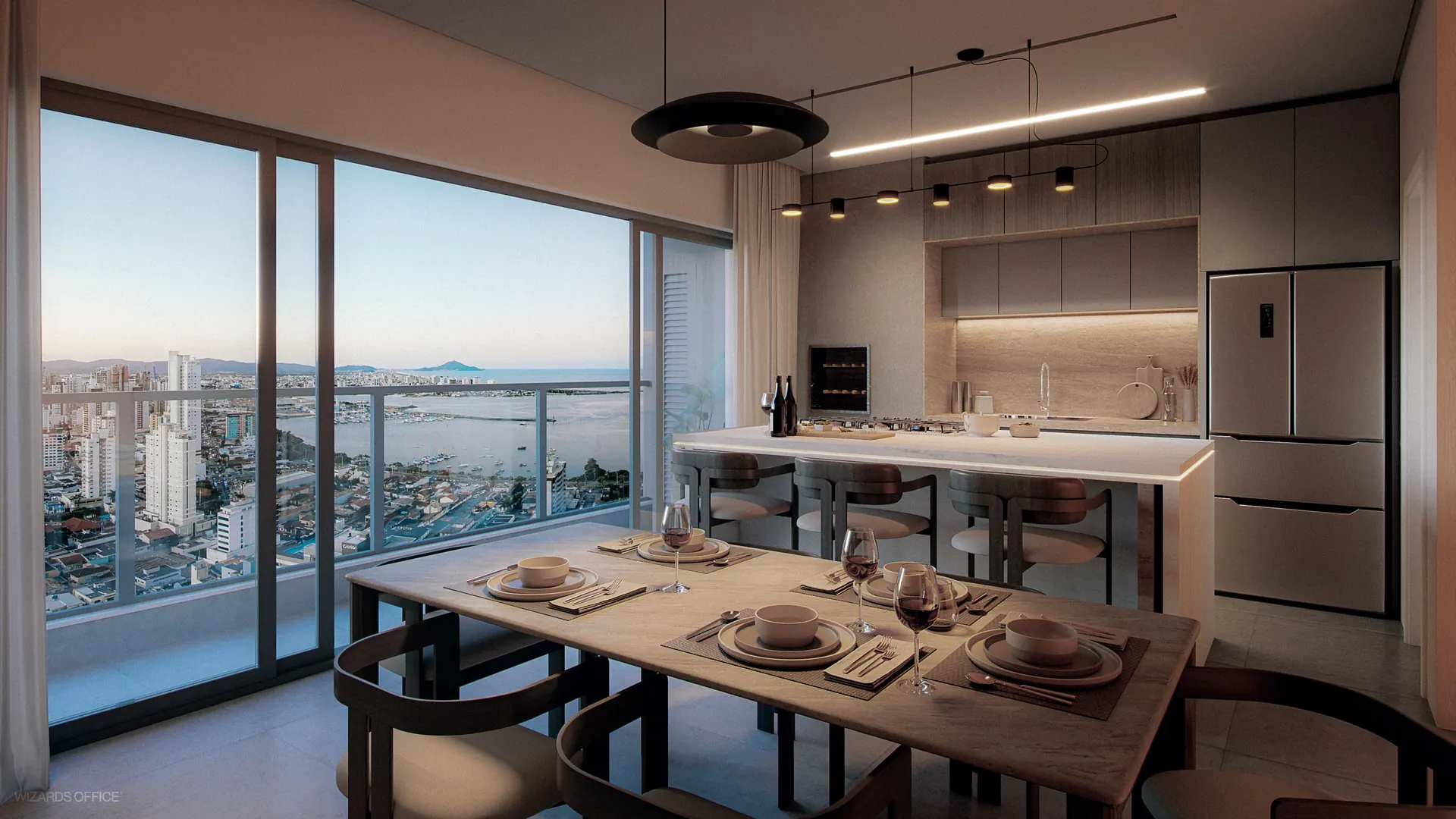 Sala de jantar e cozinha do apartamento de 154 m² com vista para o rio