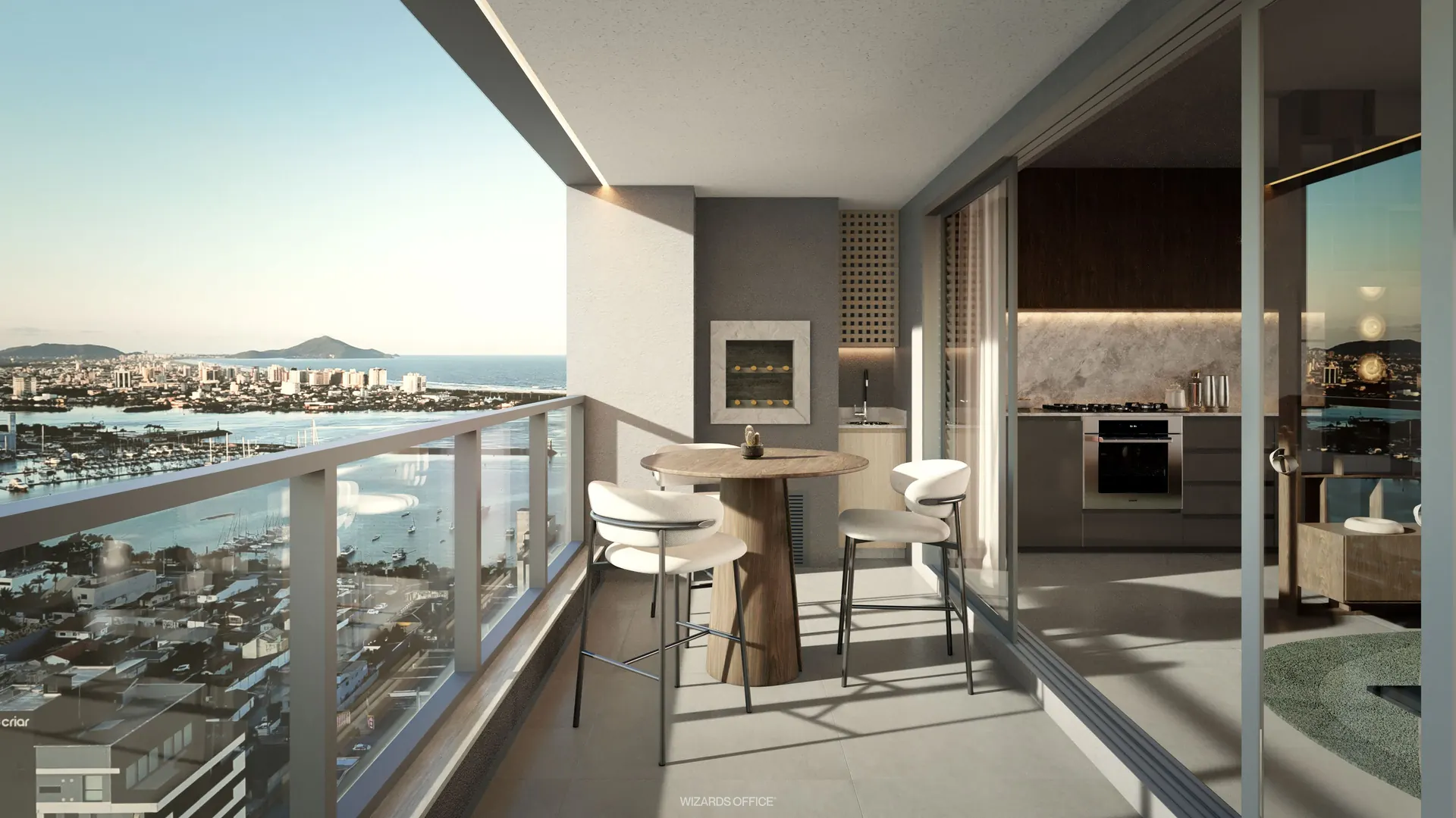 Varanda com churrasqueira do apartamento de 118 m² com vista para a baía